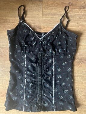 Vintage Black Floral Lace-Trim Ruching Cami size M/L